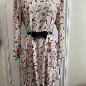 Vintage Act 1 Beige & Black Floral Tiered Long Sleeve Dress 9/10 Belted Midi